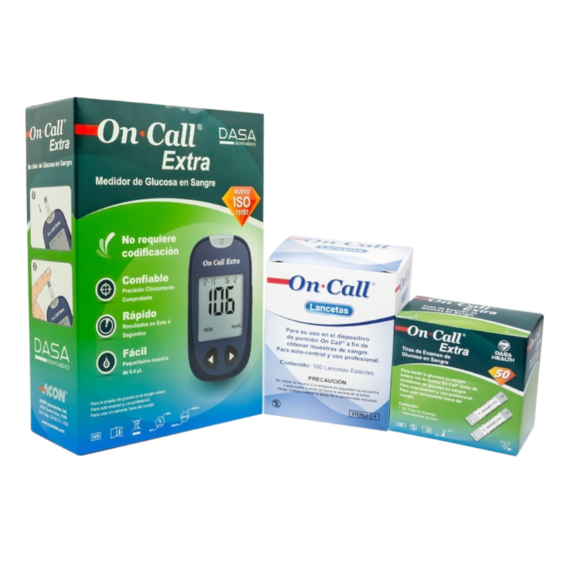 COMBO GLUCOMETRO ON CALL DASA EDICION LIMITADA (KIT INICIO LIMITADO + TIRAS REACTIVAS ON CALL DASA x 50 + LANCETAS ON CALL DASA x 100)